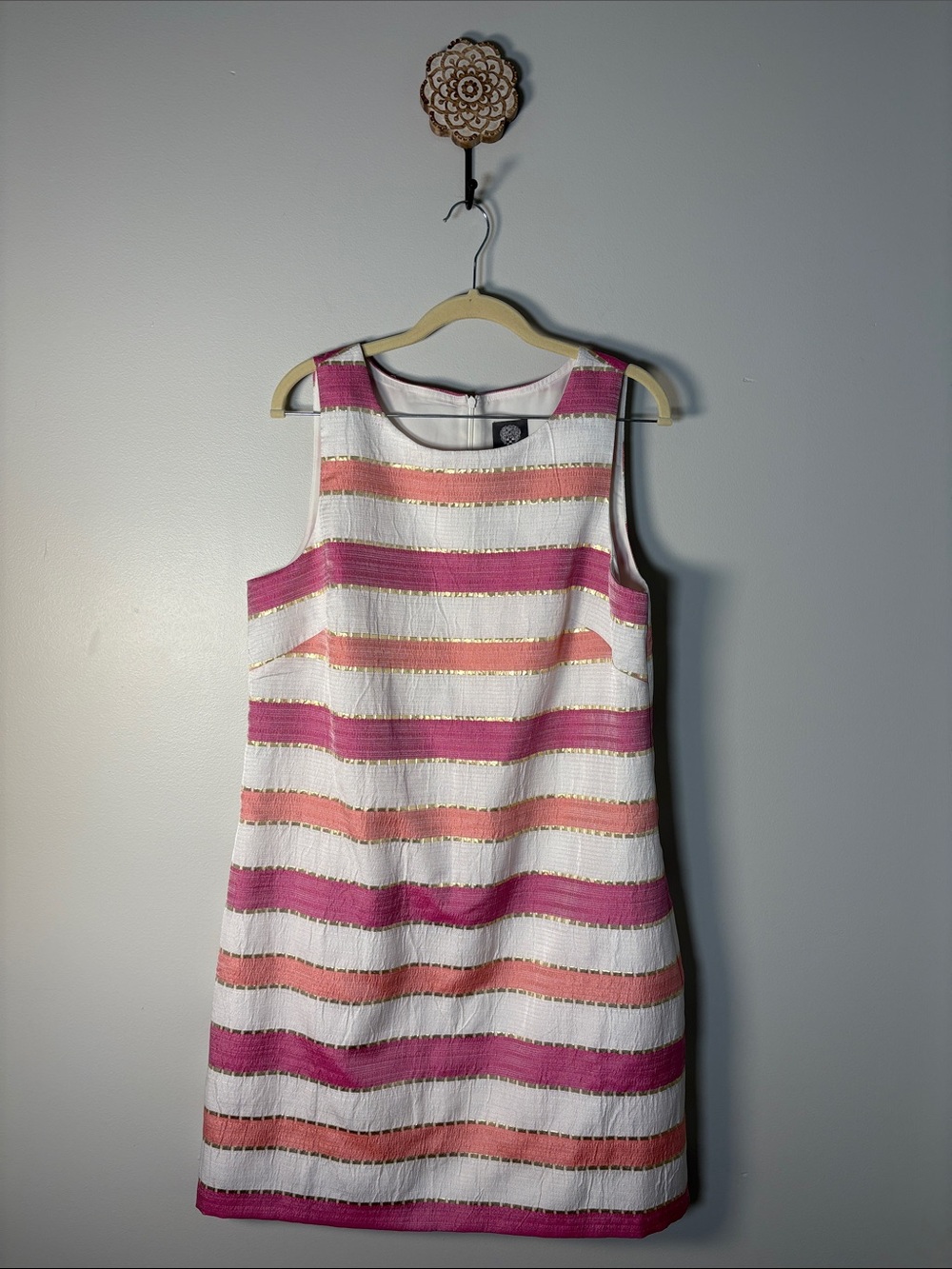 Vince Camuto Pink, Peach & Cream Striped Sleeveless Shift Dress